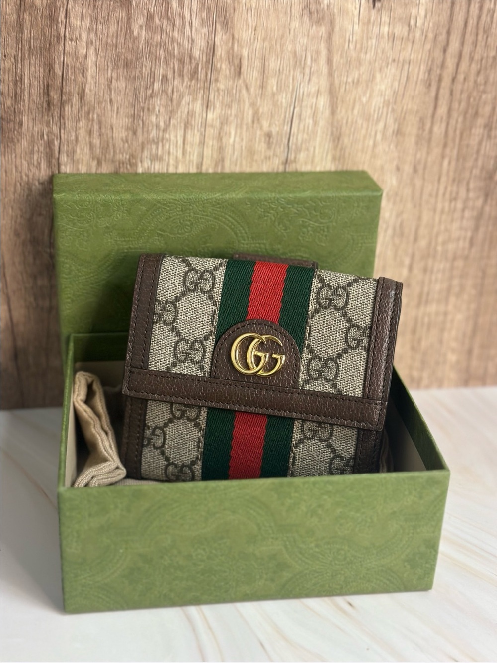 Gucci Beige GG Canvas Trifold Wallet with Green and Red Web